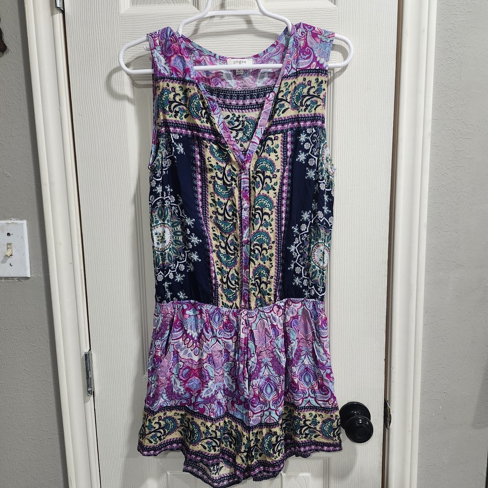 Umgee USA M‎ Boho Paisley Print Sleeveless Romper Tie Waist Ruffle Hem